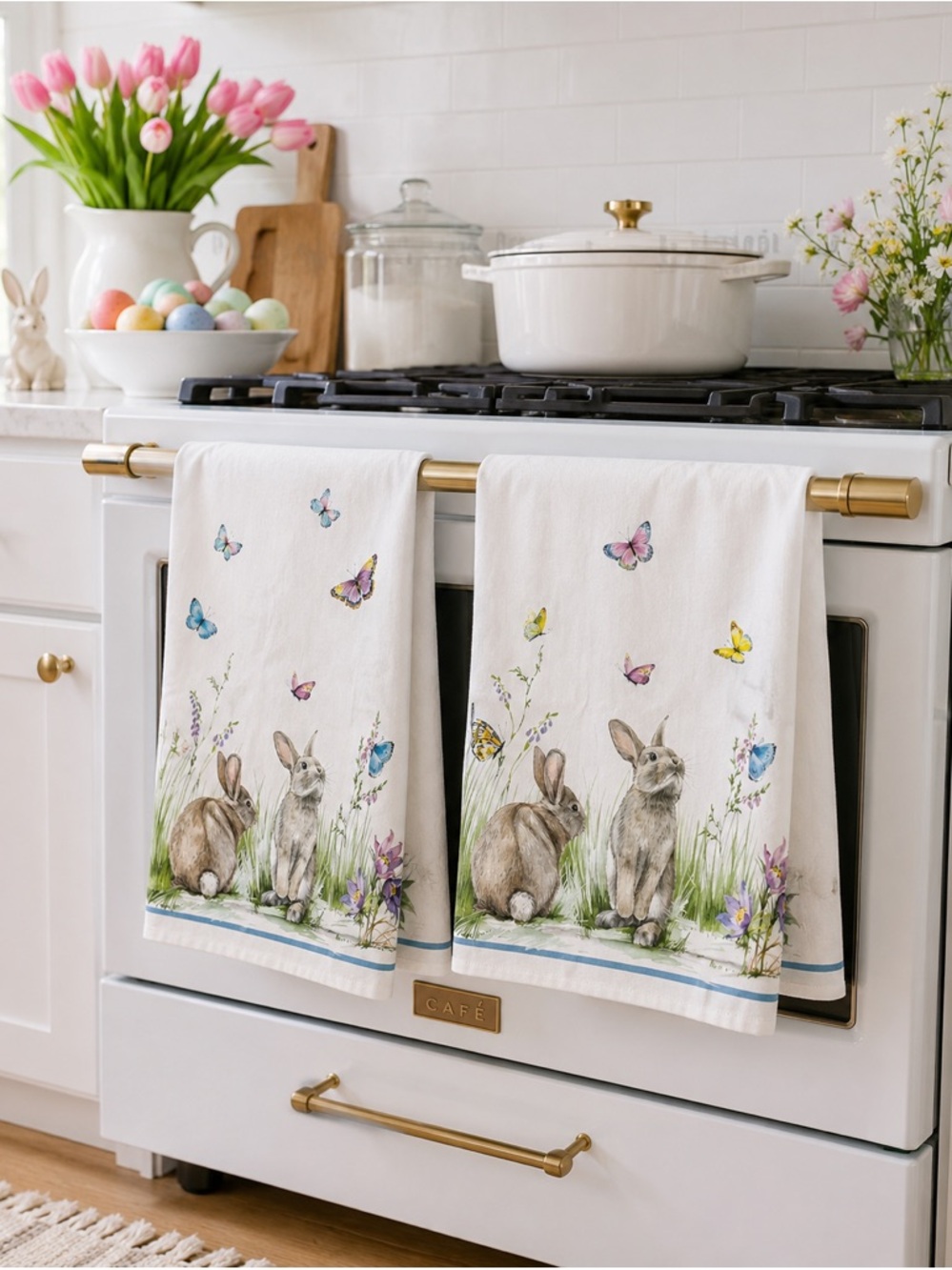 Williams Sonoma Unused Bunny Butterfly Tea Towels Set 2 Easter Floral